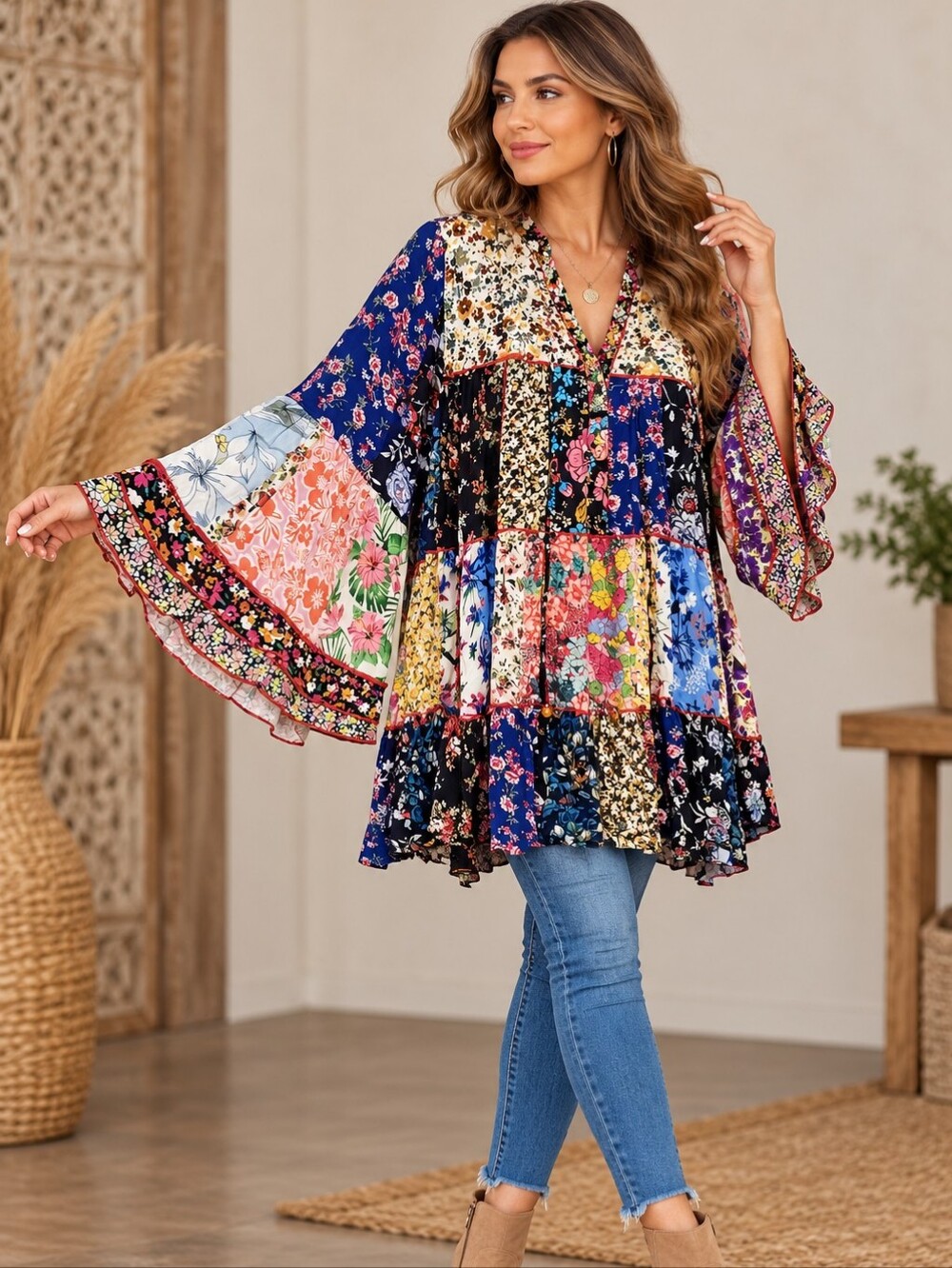 Boho Patchwork Floral Bell Sleeve Tunic Top - Blue Multicolor
